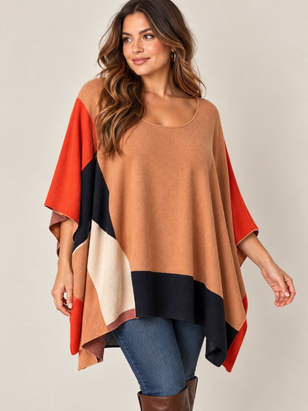 Worthington Woman 3X Colorblock Poncho Sweater Cape Oversized Retro Fall Boho